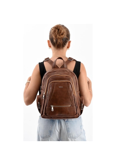 Baginn Suni Deri Kadın Sırt Çantası 35 25 Cm Mega Bag Günlük Kullanıma Uygun Çok Cepli İçi Astarlı Taba