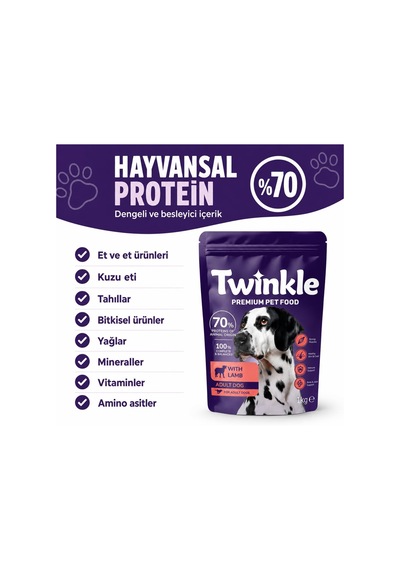 Twinkle Kuzulu Yetişkin Köpek Maması 1 Kg - Kuzu Etli Kuru Köpek Maması -%70 Hayvansal Protein - Tam Ve Dengeli Beslenme - Tüy Ve Deri Desteği