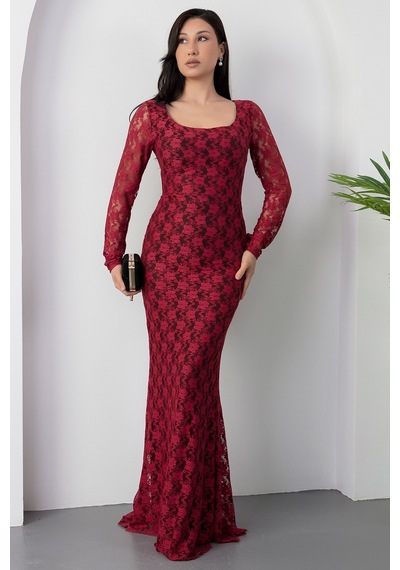 Kalopya Kare Yaka Dantel Balık Elbise Ap-3005 Bordo