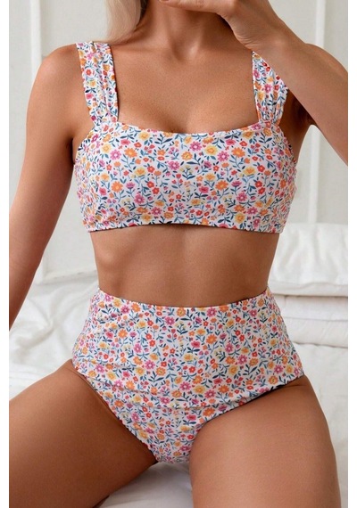Bella Notte Minimalist Çiçek Desenli Kaplı Yüksek Bel Bikini Takımı Çok Renkli