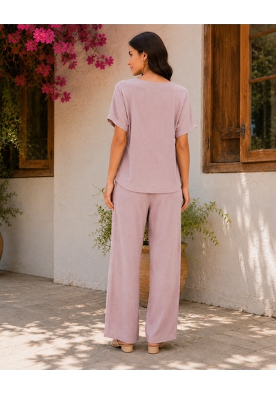 Alyn Wear Kadın Kısa Kollu Asimetrik Kesim Detaylı Düğmeli Bürümcük Bluz Ve Pantolon Ikili Takım Pembe