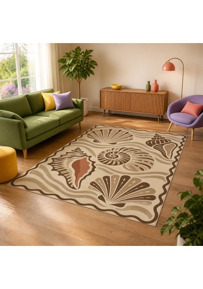 Kartela Halı Deniz Kabuğu Desenli Halı Bej Kaymaz Taban Makinede Yıkanabilir Salon Halısı 200x300 Cm
