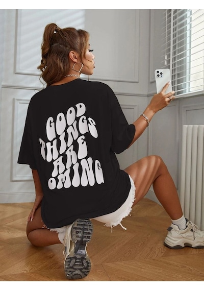 Good Things T-shirt - Siyah Baskılı Oversize Bisiklet Yaka Kısa Kol Tişört Siyah