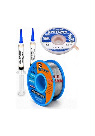 Lehimleme Seti 0,8 Mm 40 G Lehim Teli + 3,0 Mm 1,5 M Lehim Sökme Fitili Ve Krem Flux Seti Tk19