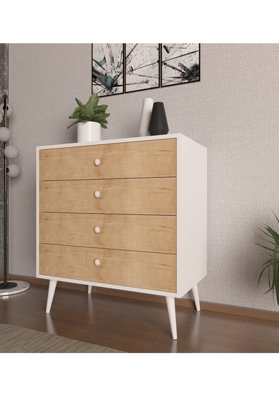 Floradesign Luna Şifonyer / Çok Amaçlı Dolap/ Çekmeceli Şifonyer / Kapaklı Şifonyer / 4 Çekmeceli Şifonyer Meşe/beyaz