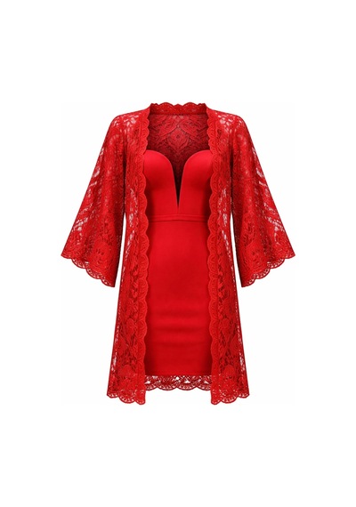 Lila Mare Güpür Kimono Kırmızı Kırmızı