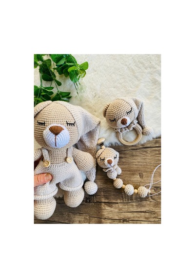 Adenya Sepeti Sepeti Masal Ayıcık Set Bej Renk Örgü Amigurumi Oyuncak + Diş Kaşıyıcı + Emzik Askısı