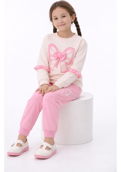Beka Kids Kız Çocuk Kurdele Detaylı Siyah Sweatshirt Pantolon Alt Üst Takım Pembe
