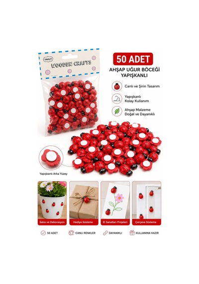 50 Adet Minyatür Ahşap Uğur Böceği Sticker El İşi Scrapbook & Dıy Süsleme Aksesuarı