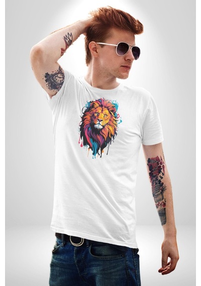 Renkli Yağlı Boya Aslan Unisex Unisex Beyaz Organik Baskılı T-shirt Penye Yüksek Kalite Beyaz