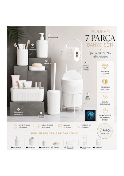 Premium Lüks 7 Li Banyo Aksesuar Seti Modern Tasarım Beyaz
