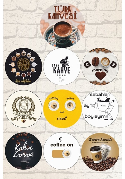 10 Lu Yuvarlak Ahşap Kahve Temalı Tablo Seti, Cafe, Çay Ocağı, Kahvehane Ve Mutfak Duvar Dekorasyonu