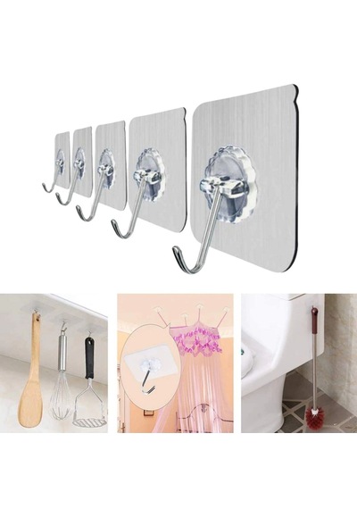 Lunaev Süper Güçlü Yapışkanlı Suya Dayanıklı Şeffaf Askı 5li Set Yeniden Kullanılabilir Kancalar 50cm