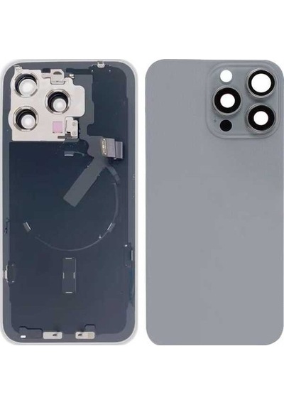 Pazly Apple Uyumlu iPhone 15 Pro Max İçin Cam Pil Arka Kapak + Kablosuz Şarj + Flaş Braket Titanyum Gri