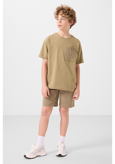Koyu Bej-camel Pamuklu Oversize Fit Dokuma Hafif Esnek Chino Erkek Çocuk Şort Takım - 11278 Koyu Bej