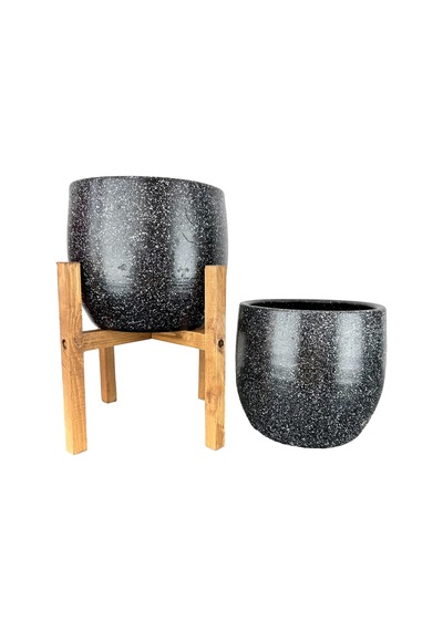 Bitki Tasarımı Ev Dekorasyon Aksesuar Siyah Granit Toprak Saksı Saksılık Salon Çiçeklik İkili Set Ayaksız - 4 Ayaklı- 19 Cm