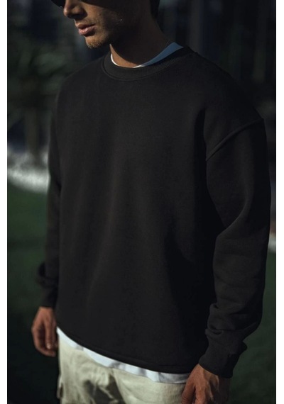 Suma Kışlık Bisiklet Yaka Üç İplik Basic Sweatshirt - Siyah
