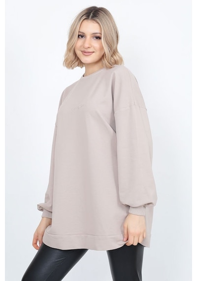 Kadın Uzun Kollu Oversize Sweatshirt Nakişli Bej
