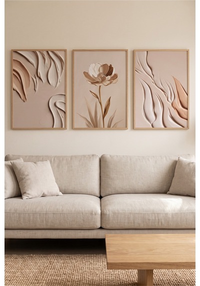 Doğal Ahşap Çerçeveli Bej Çiçek Ve Soyut Minimalist Üçlü Duvar Tablosu Modern Dekorasyon Kabartma Görünümlüdür Bej Doğal Ahşap Çerçeveli Bej Çiçek Ve Soyut Minimalist Üçlü Duvar Tablosu Modern Dekorasyon Kabartma Görünümlüdür Bej