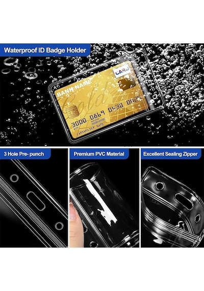 Aputue Kart Koruyucu Card Protector, 50 Adet Dikey Şeffaf Pvc Kimlik Tutucu, Su Geçirmez Kilitli Fermuarlı Yaka Kart