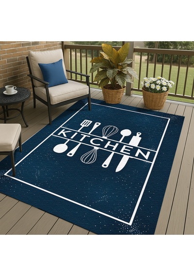 Turkıshrug Kıngdom Lacivert Kitchen Yazılı Halı Modern Dijital Baskılı Tasarım Çok Renkli