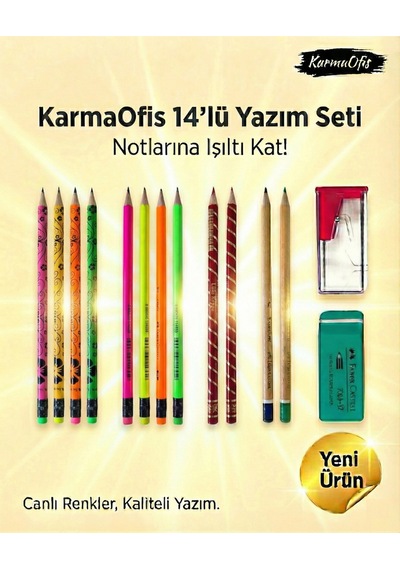 14 Lü Yazım Seti Set 6 Renkli Kalem Seti, Silgi + Kalemtıraş, Okul & Ofis İçin Çok Renkli