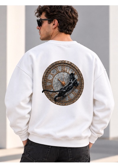 Gıovera Panther Time Premium Oversize Erkek Sweatshirt Beyaz