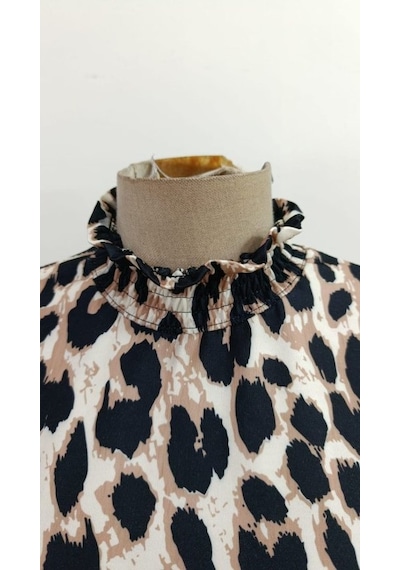 Suma Kadın Modal Bluz Uzun Kollu Balıkçı Yakalı Leopar Desenli