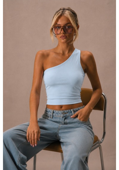Cool Tarz Kadın Tek Omuz Crop Atlet Esnek Slim Fit Süprem Kumaş Asimetrik Yaka Bluz Mavi Mavi