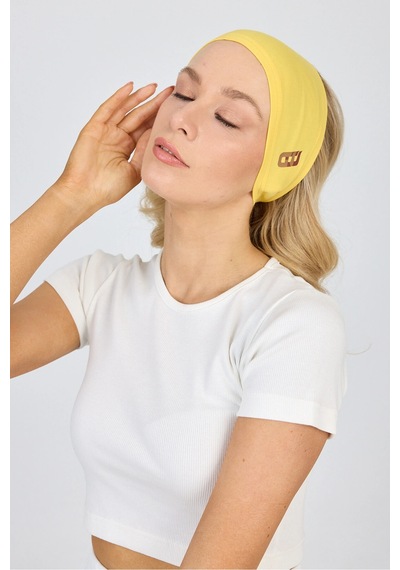 Beyaz Kısa Kol Bisiklet Yaka Vücuda Oturan Kaşkorse Crop + Bandana Set %100 Pamumklu, Esnek Rahat Sarı