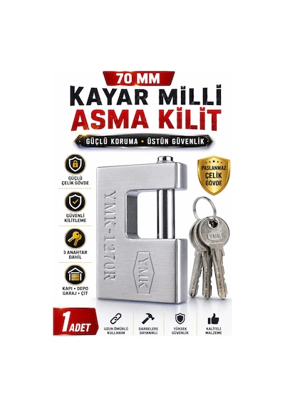 Ymk 70 Mm Kayar Milli Asma Kilit Çelik Gövdeli Güvenlik Kilidi 3 Anahtarlı Depo Garaj Bahçe Kapısı K