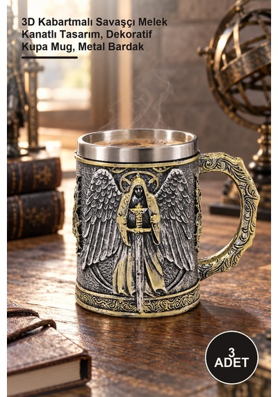 3 Adet Paslanmaz Çelik Kupa 3d Kabartmalı Savaşçı Melek Kanatlı Tasarım, Dekoratif Kupa Mug, Metal Bardak