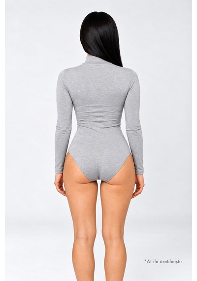 Cottonhıll Premium - Drape Collection Gri Melanj Viskon Balıkçı Yaka Uzun Kollu Çıtçıtlı Kadın Bodysuit