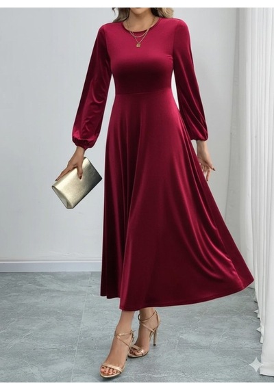 Efnaz Style Kadın Uzun Kollu Bisiklet Yaka Midi Kadife Elbise Bordo