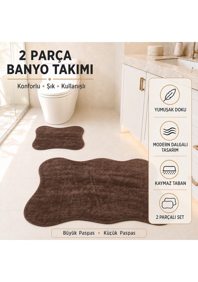 2 Li Banyo Paspası Halısı Seti Kaymaz Tabanlı Yıkanabilir Klozet Takımı Kahve