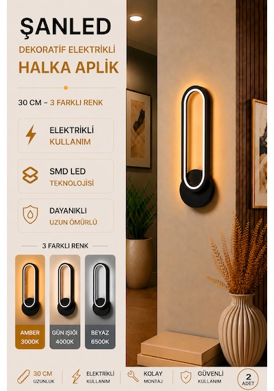 Dekoratif 20w Halka Modeli İç Mekan Siyah Kasa 3 Renkli Işık Elektrikli 30 Cm Duvar Aplik 2 Adet