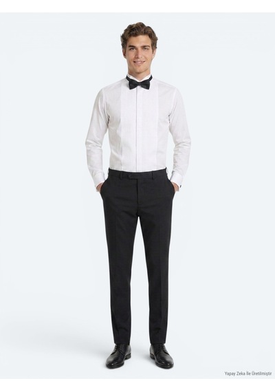 Kip Beyaz Düz Slim Fit Duble Manşet Smokin Gömlek Beyaz -