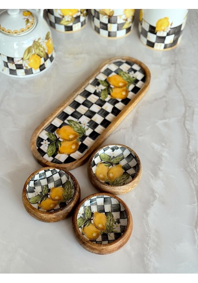 Crearthome Linda 4 Lü Çerezlik Seti Mango Ağacı Servis Sunum Tabağı Limon Desen Miss9663-43 çok renkli