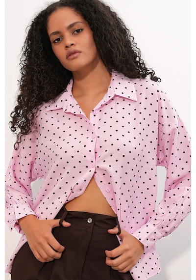 Bigdart Kadın Oversize Puantiyeli Gömlek 20392 - Pembe