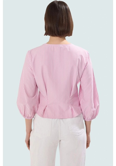 Ersefa Yazlık Kısa Kol Çizgili Terrycotton Bluz V Yaka Casual Modern Sti Pembe