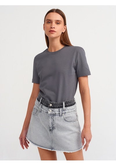 Dilvin Pamuklu Bisiklet Yaka T-shirt Füme