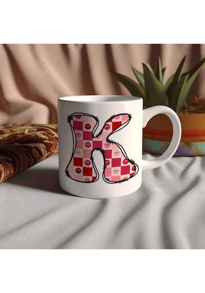 K Harfi Pembe Kareli Kalpli Göz Emojili Kupa Bardak Eğlenceli Kareli Tasarım Kahve Çay Kupası 07 Beyaz