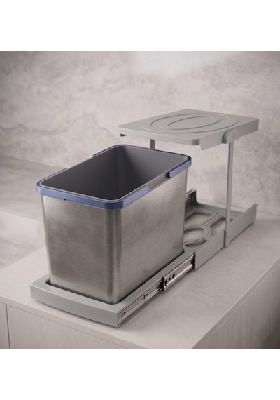 Cassone 16 Litre Kısa Eviye Altı Dolaba Uygun Dolap İçi Raylı Gri Paslanmaz Krom Çöp Kovası - Kapak Genişliği 40 Cm Açık Gri