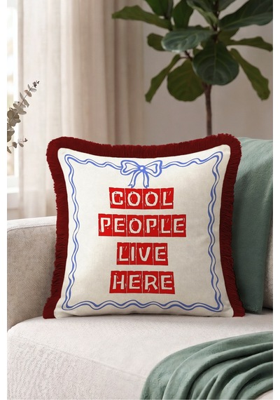 Cool People Live Here Yazılı Saçaklı Yastık Kılıfı-nostaljik Yazı Krem Bordo Püsküllü Kırlent Kılıfı Sarı
