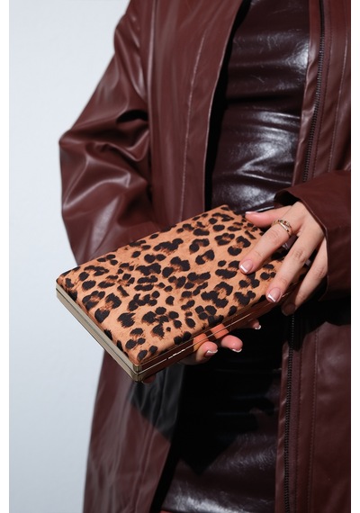 Luvishoes Dallas Siyah Sarı Desenli Saten Kadın Abiye Çanta Leopar