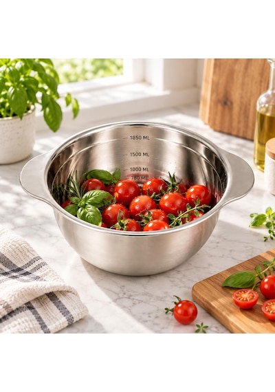 Paslanmaz Çelik 1850 Ml Ölçülü Kap 25 Cm, İç Ölçek Çizgili Büyük Boy Karıştırma Ve Hazırlık Kabı, Çift Yan Tutamaçlı Mutfak Ölçü Kabı Çok Renkli
