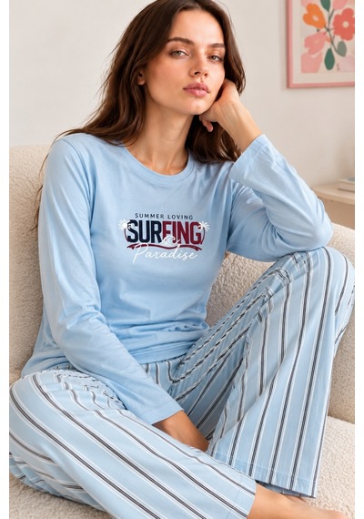 Nisanca Kadın Premium Modal Penye Pijama Takımı %100 Pamuk Soft Yumuşak Dokulu Uzun Kollu Baskılı Desenli Alt Üst 2'li mavi