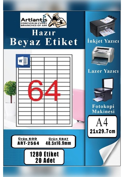 A4 Hazır Etiket 48.5x16.9 Mm 20 Sayfa 1 Paket 64 Lü Kendinden Yapışkanlı Fotokopi Lazer İnkjet Kağıdı Yazıcılar İçin