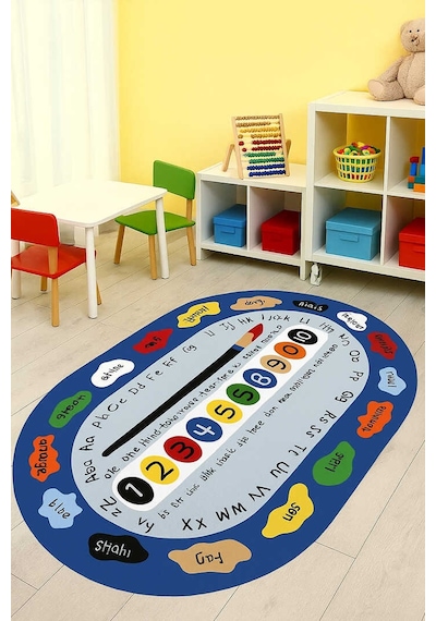Sayılar Ve Renkler Eğitici Anaokulu Kreş Ve Çocuk Odası Oval Halı Mavi