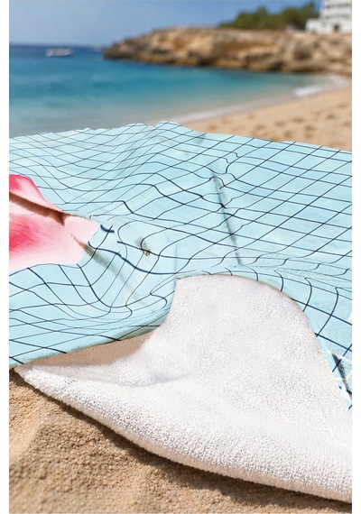 Marine Modern Mikrofiber Plaj Havlusu - Mavi Pembe Geometrik Havuz Deniz Hızlı Kuruyan Havlu Çiy İncir